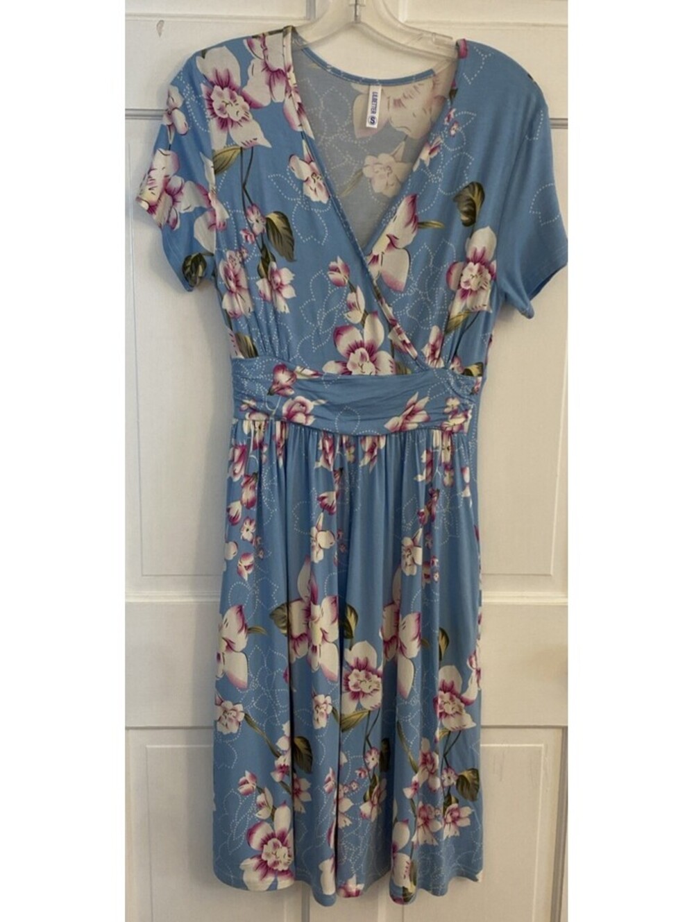 LILBETTER Flowy Dress S Floral Asianfeel Blue SS V-Neck Fit & Flare Midi Pockets